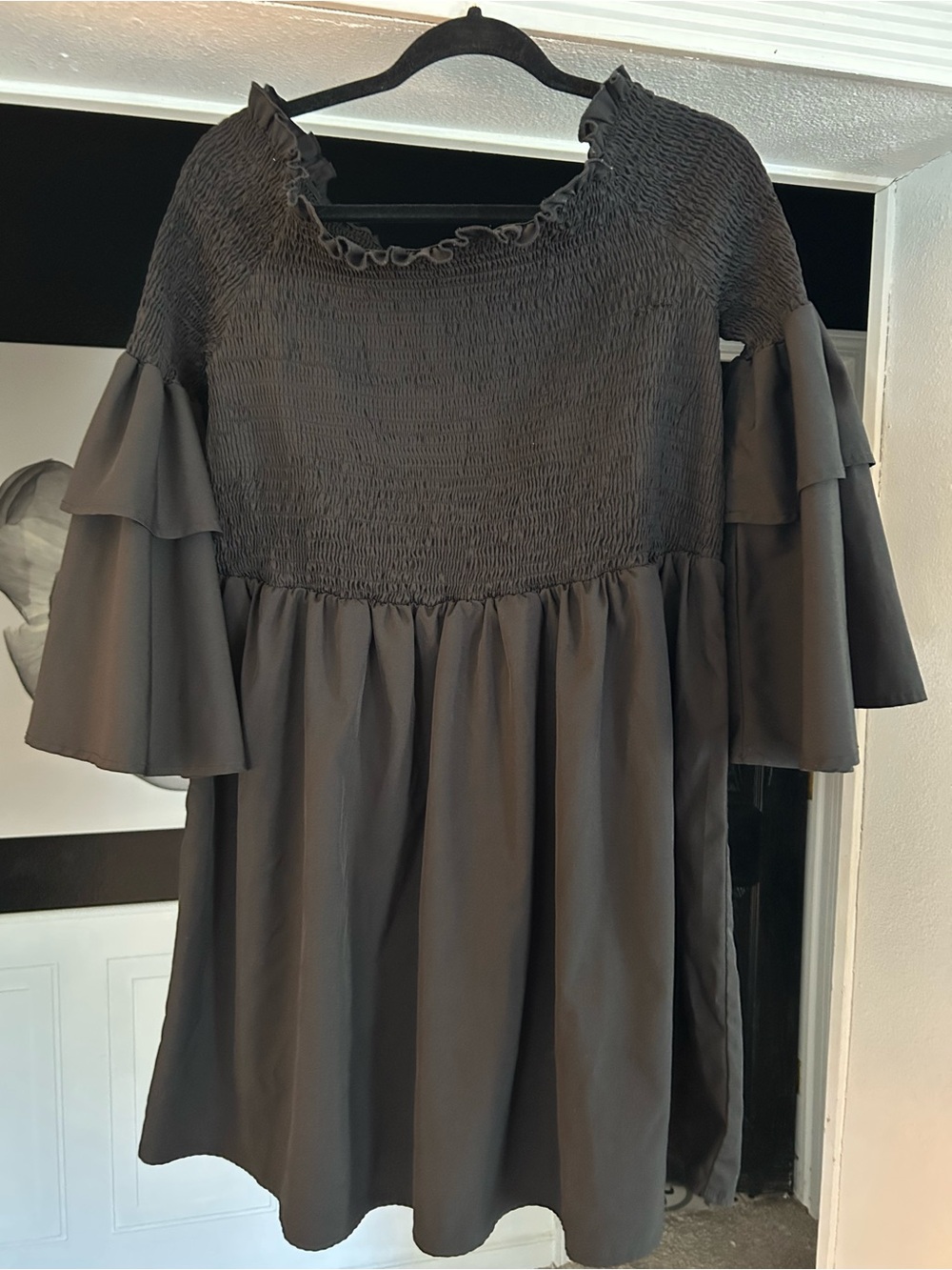 SHEIN Black Smocked Ruffle Sleeve Peasant Blouse